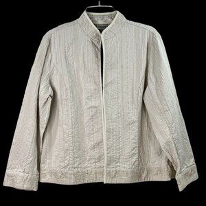 Chicos Quilted Jacket Sz 2 Cream Beige Stitching Hook & Eye Closure Long Sleeve